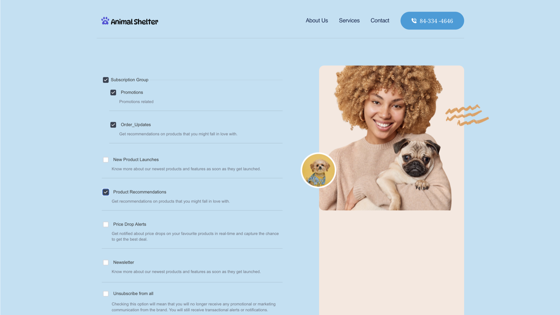 Published preference center as an end user sees it, with subscription categories, descriptions, checkboxes, and an Unsubscribe from all option.