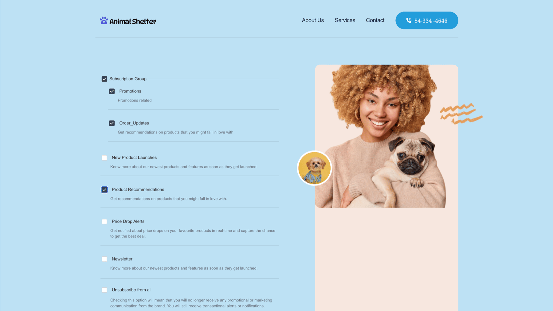 Published preference center as an end user sees it, with subscription categories, descriptions, checkboxes, and an Unsubscribe from all option.