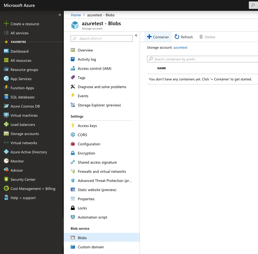 Creating a new Blob Service Container in Azure