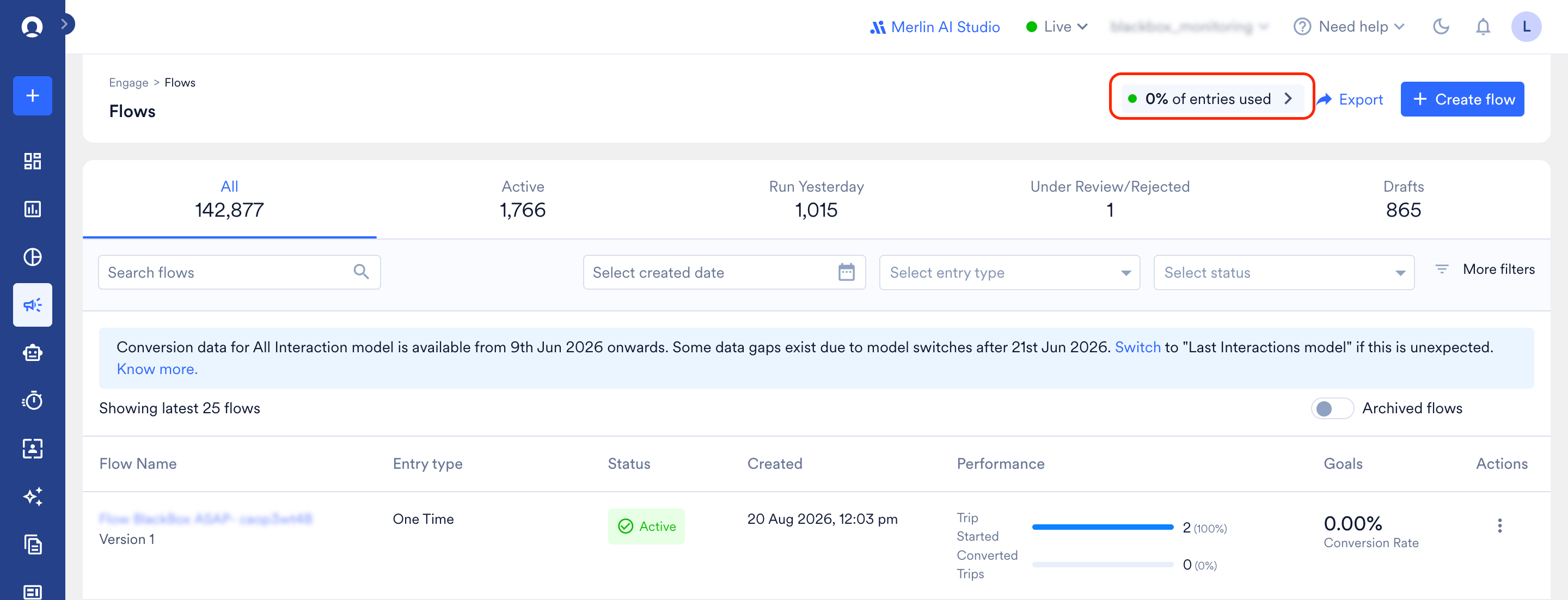 The MoEngage Flows page with the entries-used indicator highlighted at the top right, which opens the FUP Stats Hub