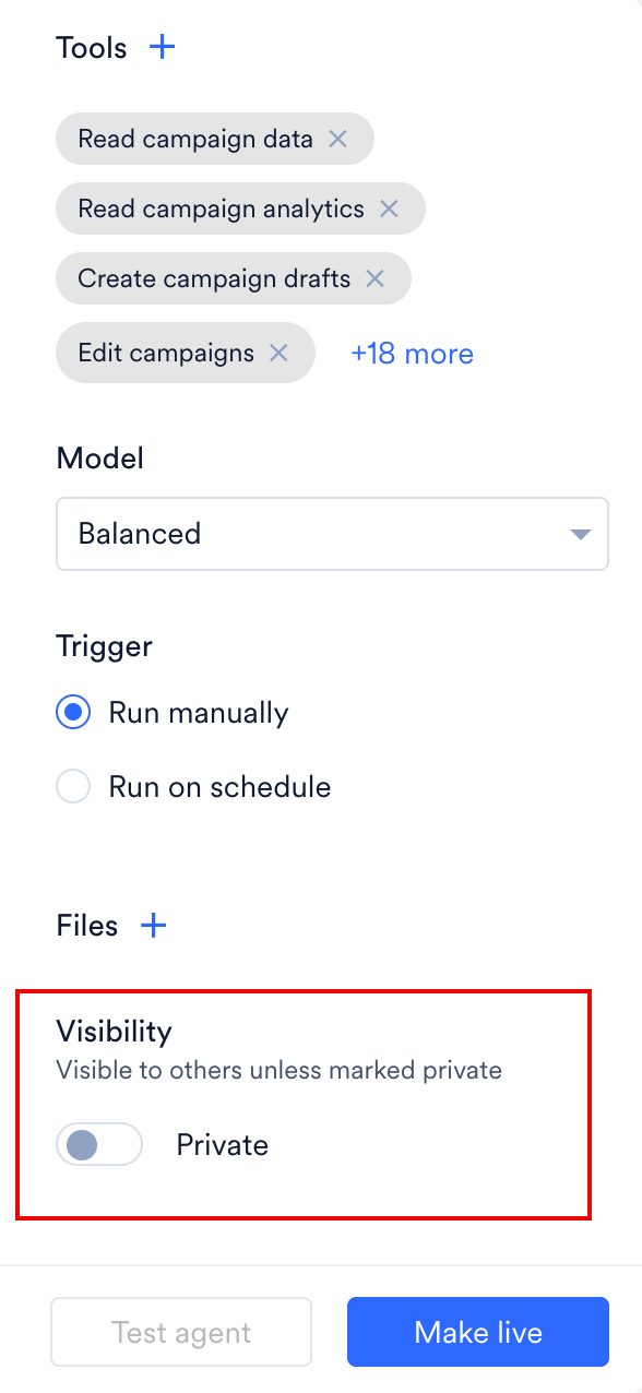 Visibility section in the builder's right panel showing the Private toggle in the off position