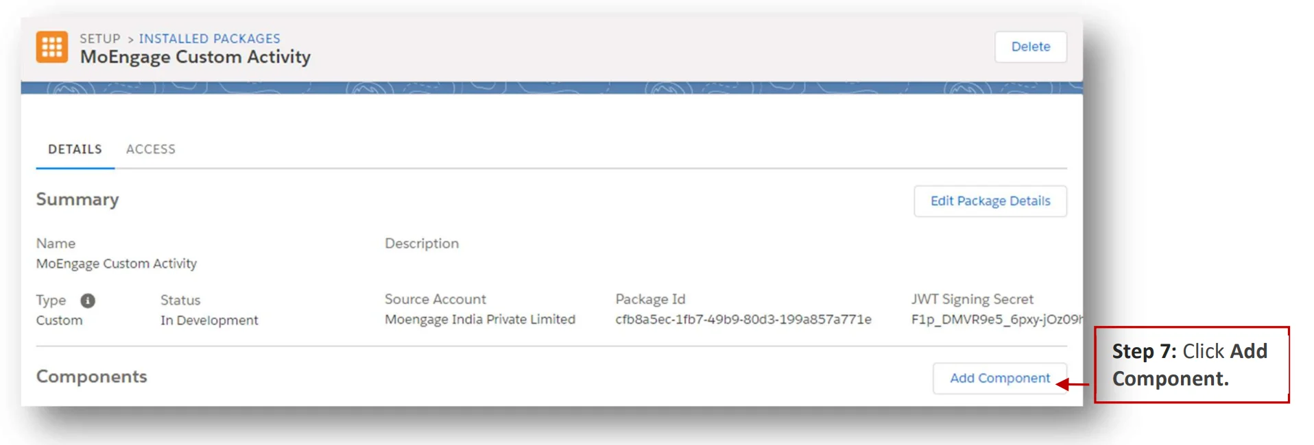 Add Component button in SFMC package configuration