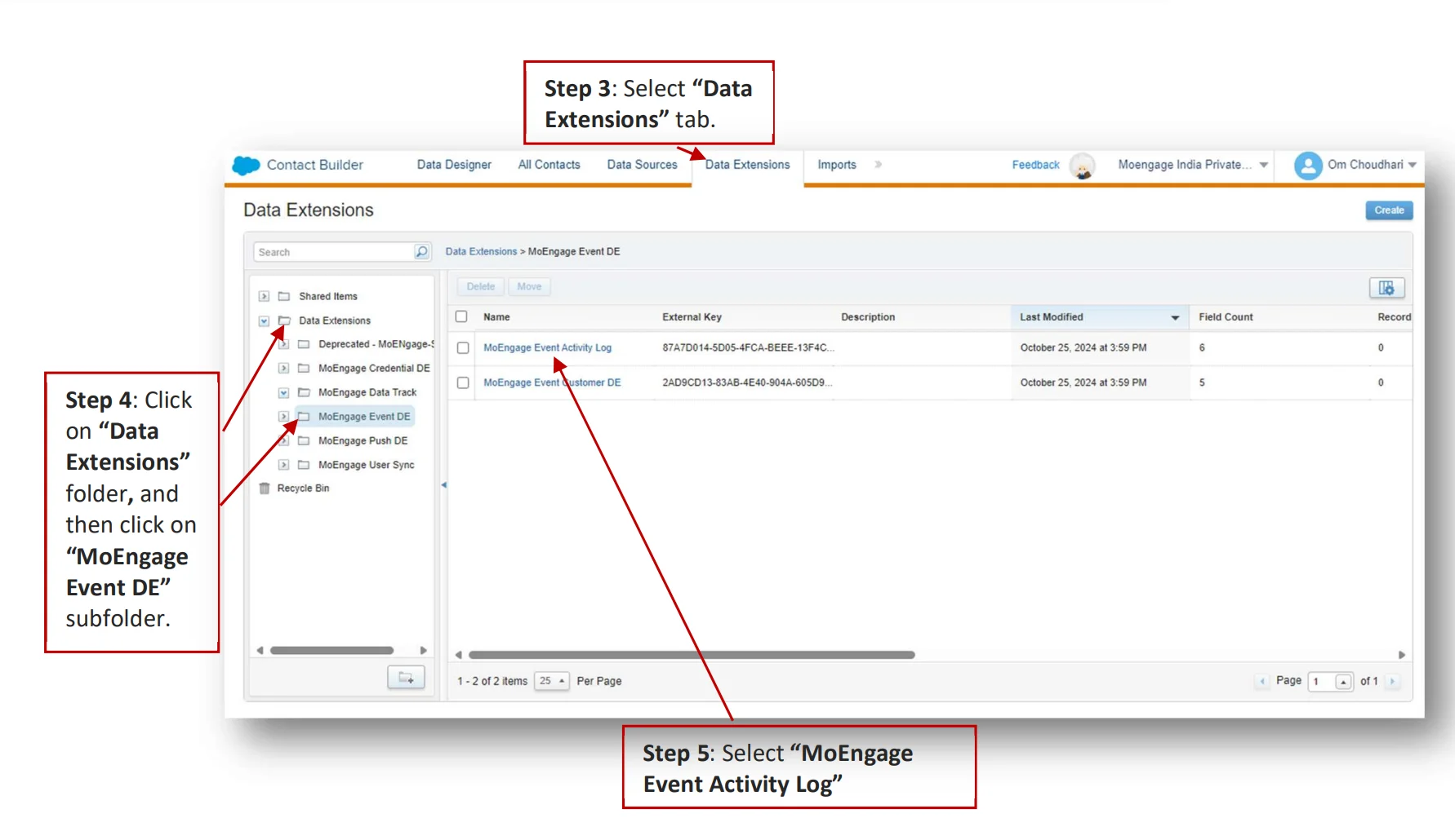 MoEngage Event DE folder with Data Extensions