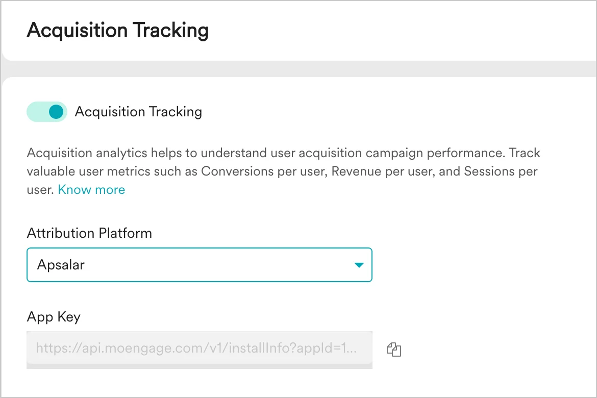 Acquisition Tracking settings with Apsalar selected and App Key generated