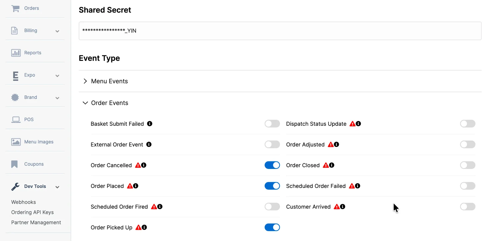 Olo Dashboard showing Order Events and User Events sections for webhook configuration