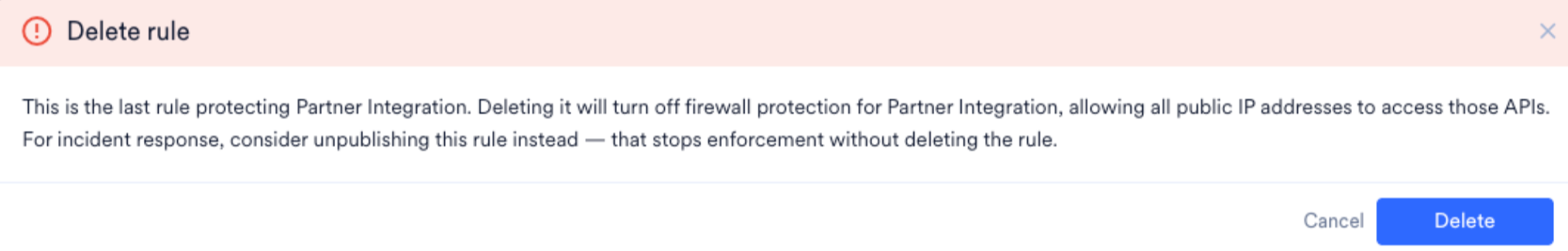 Delete last rule warning modal showing affected categories and unpublish option