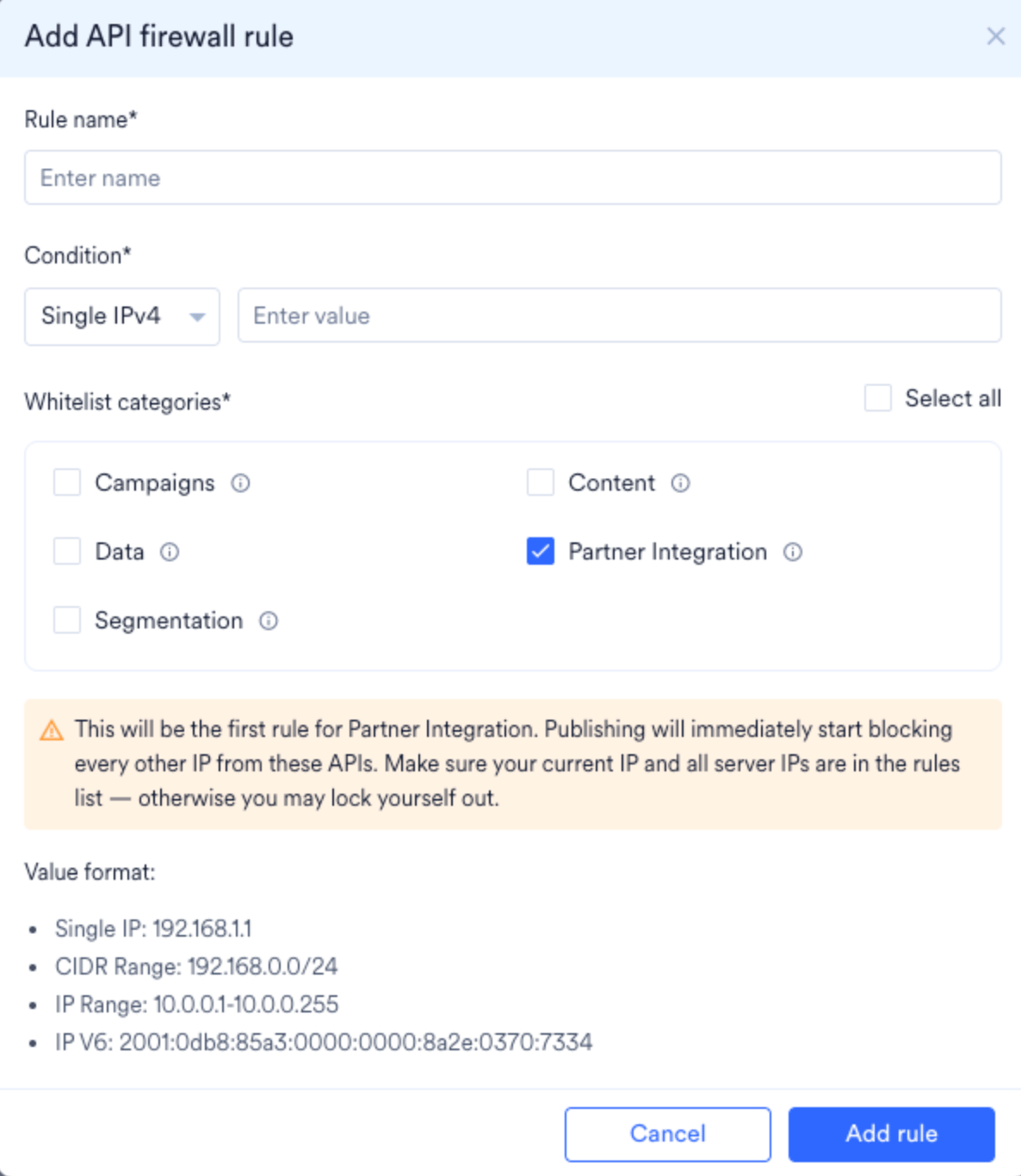 First rule warning banner when selecting a category with no existing rules