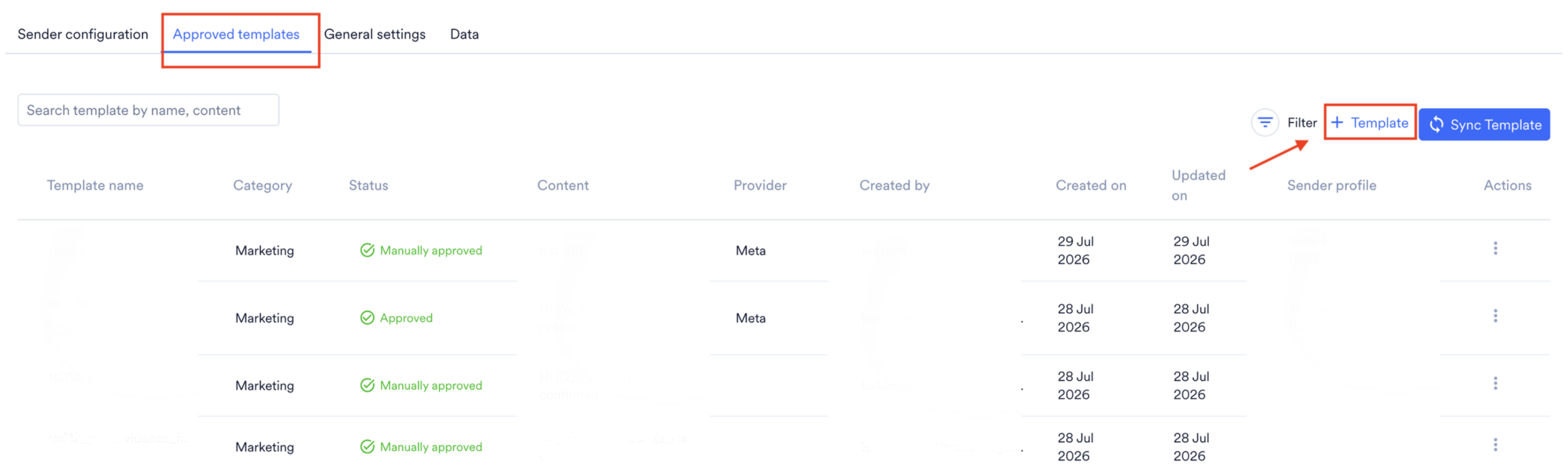 Approved templates tab with the + Template button highlighted