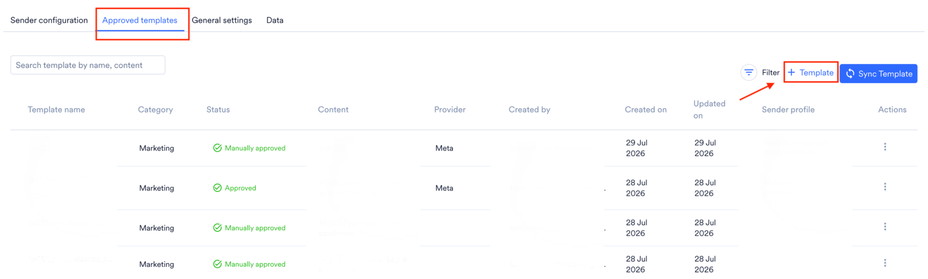 Approved templates tab with the + Template button highlighted