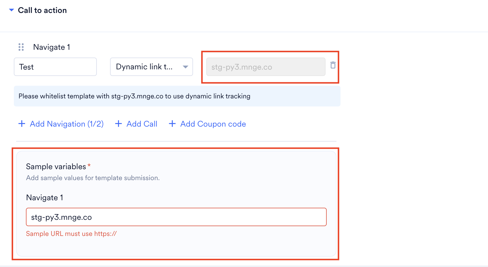 Navigate button configured with a dynamic link and sample variable