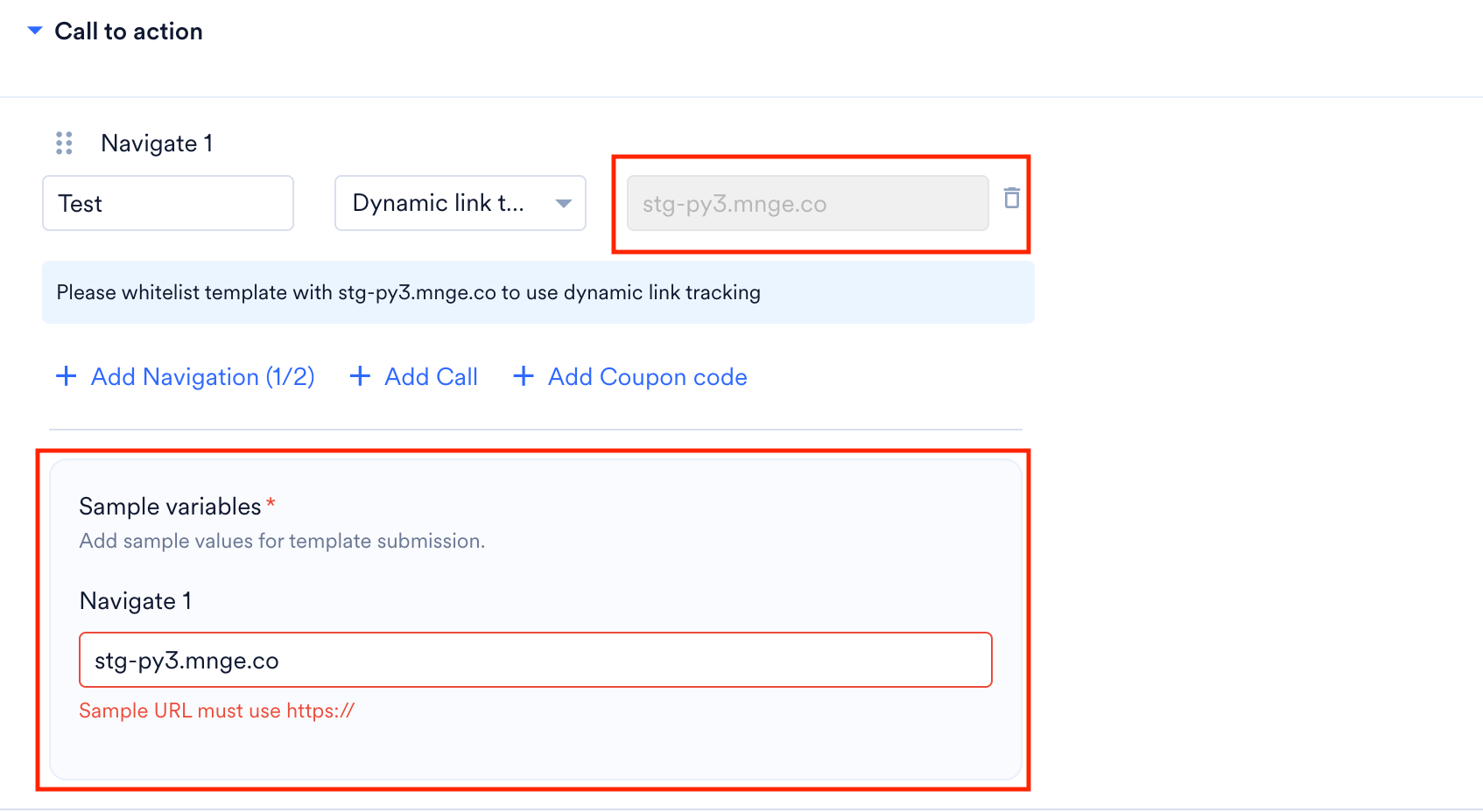 Navigate button configured with a dynamic link and sample variable Navigate button configured with a dynamic link and sample variable