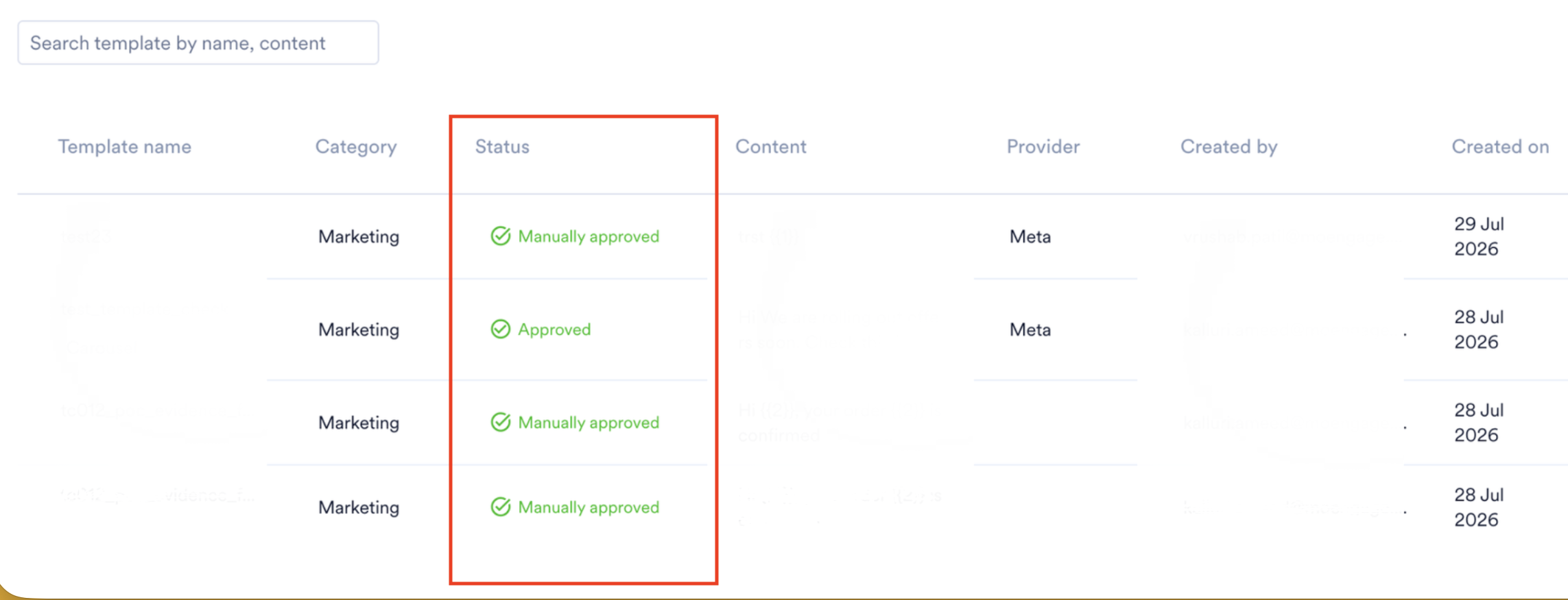 Template list showing status values such as Approved and Manually approved