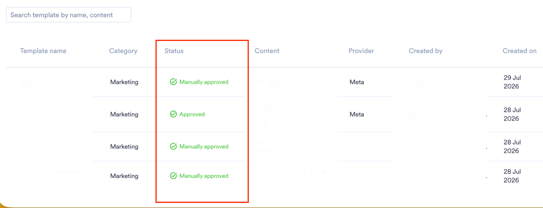 Template list showing status values such as Approved and Manually approved