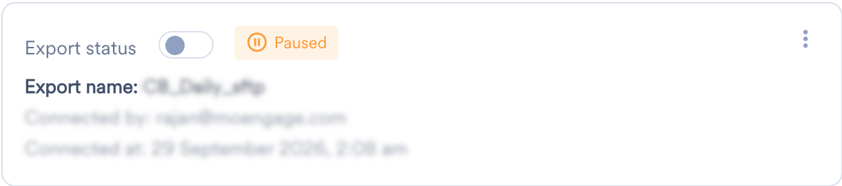 A paused BigQuery export on the Integrate tab, with Export status turned off and the Paused label beside it