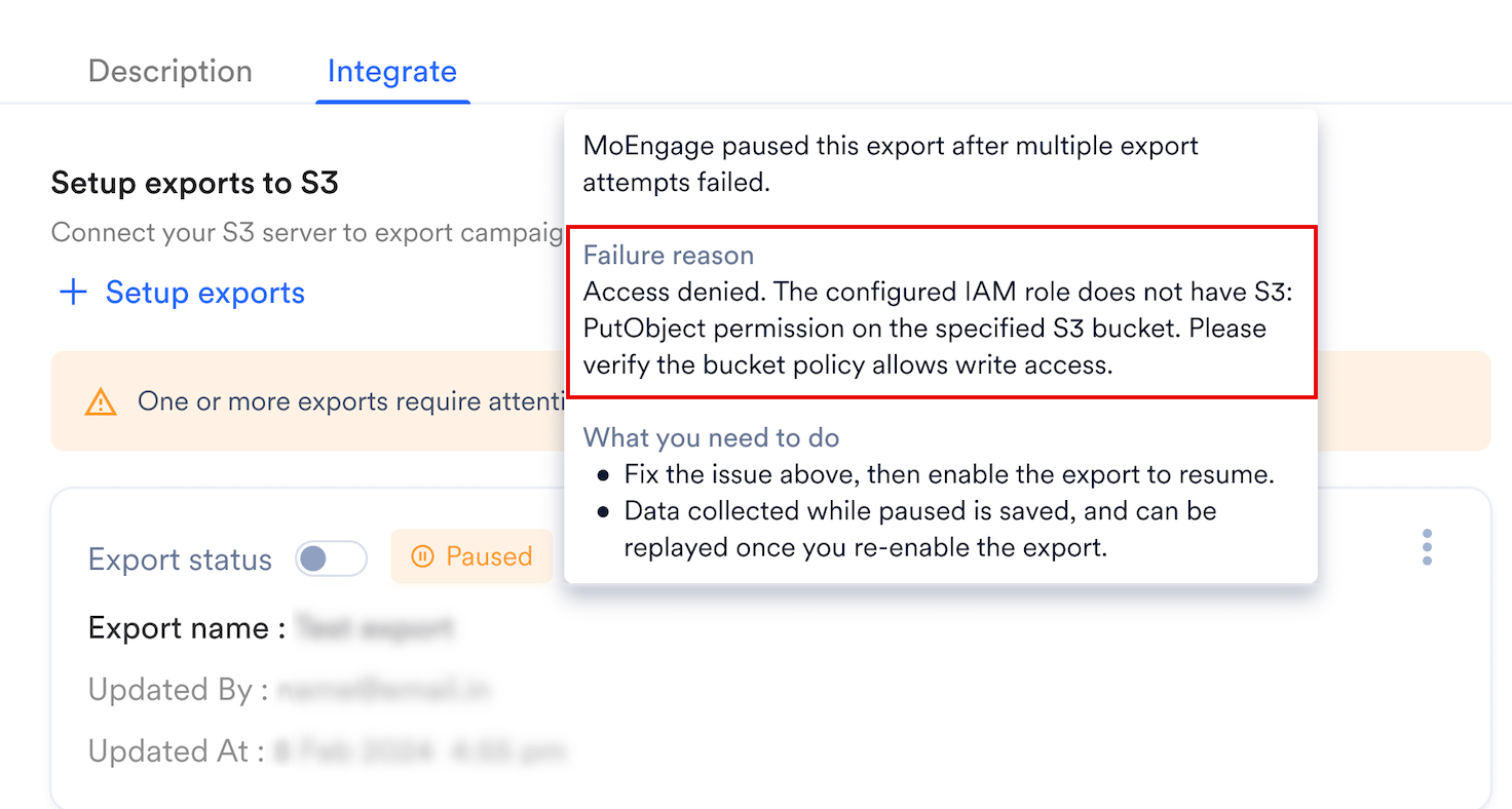 The Paused label hover on the Integrate tab, showing the failure reason and what you need to do