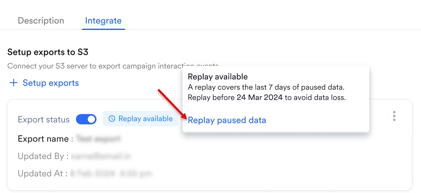 S3 export with a Replay available label on the Integrate tab and the Replay paused data option