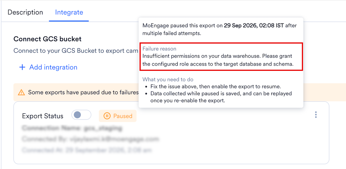 The Paused label hover on the Integrate tab, showing the failure reason and what you need to do