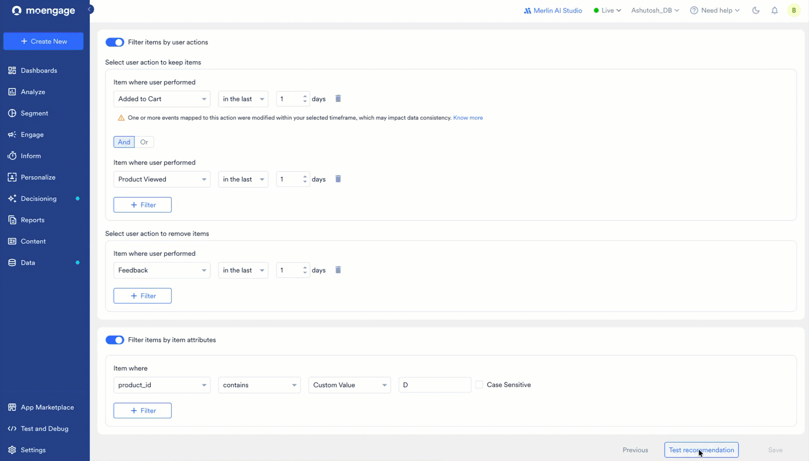 Selecting and clearing condition checkboxes while the results update alongside