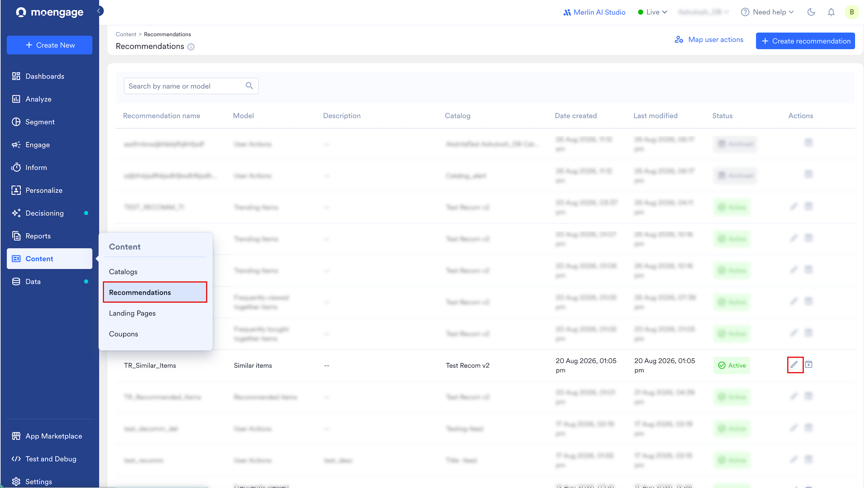 The Recommendations page listing the recommendations in the workspace