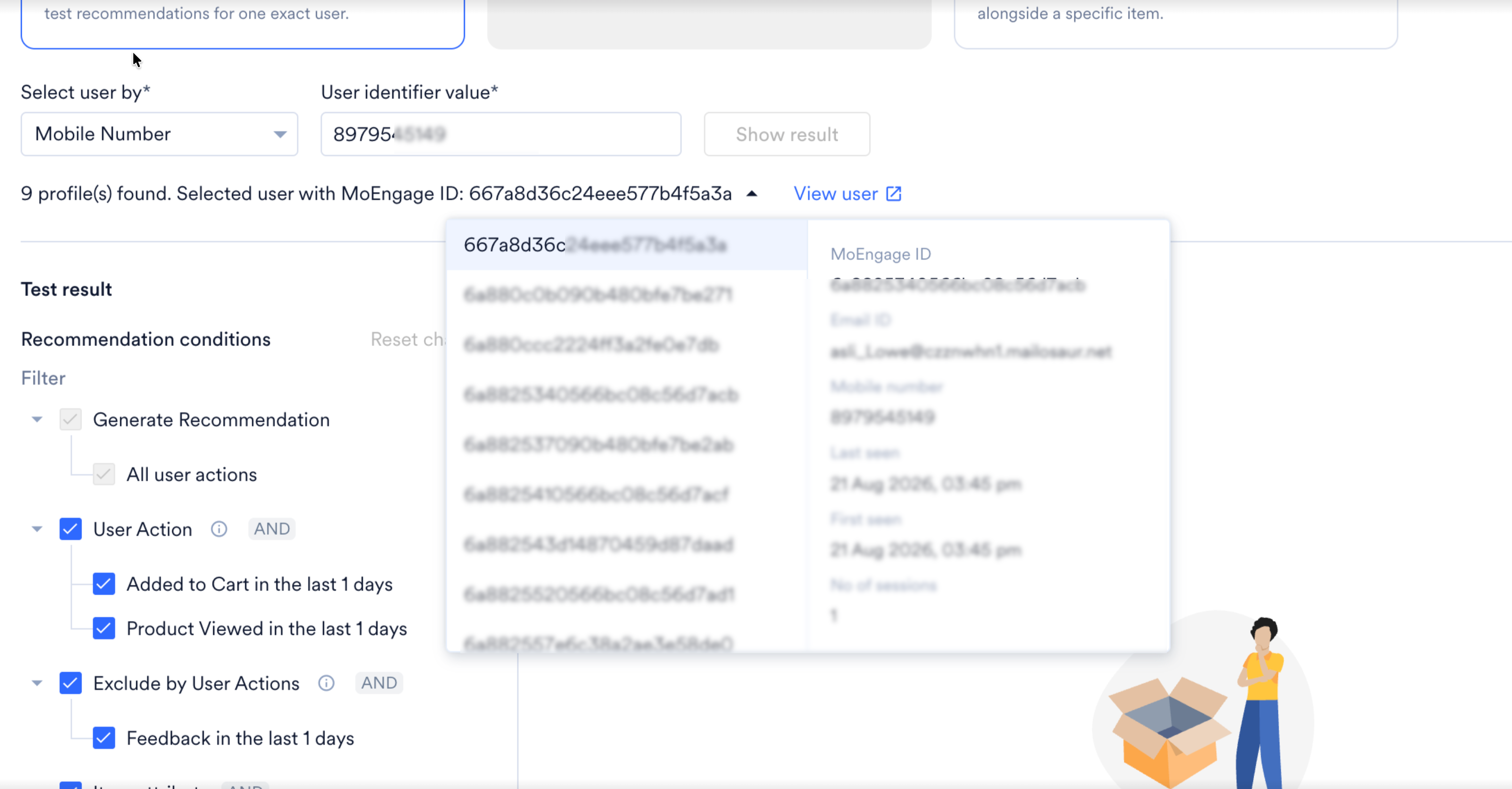 The matched profiles list open, showing the MoEngage IDs that share the identifier you searched for