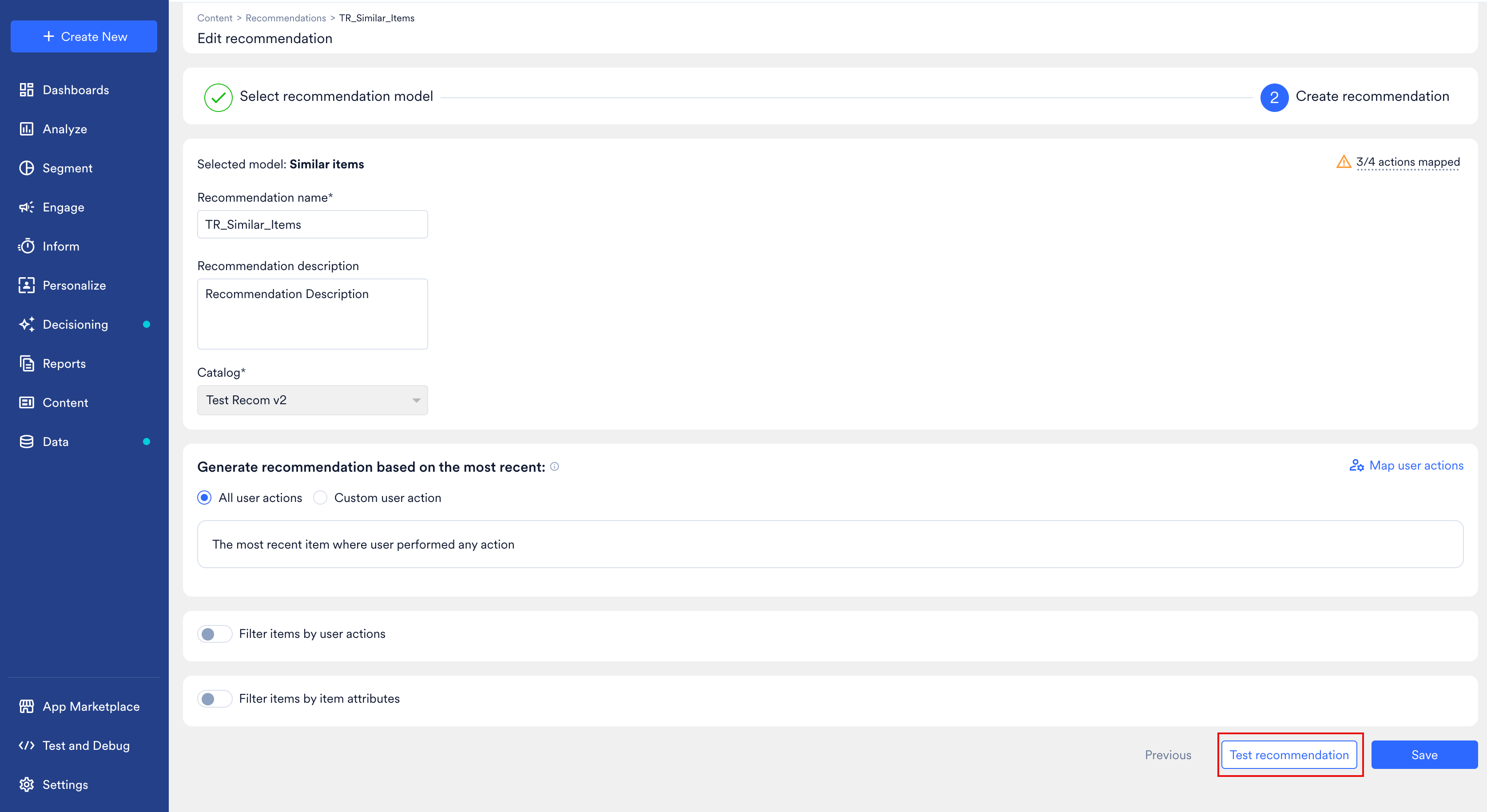 The Test recommendation panel open on a recommendation