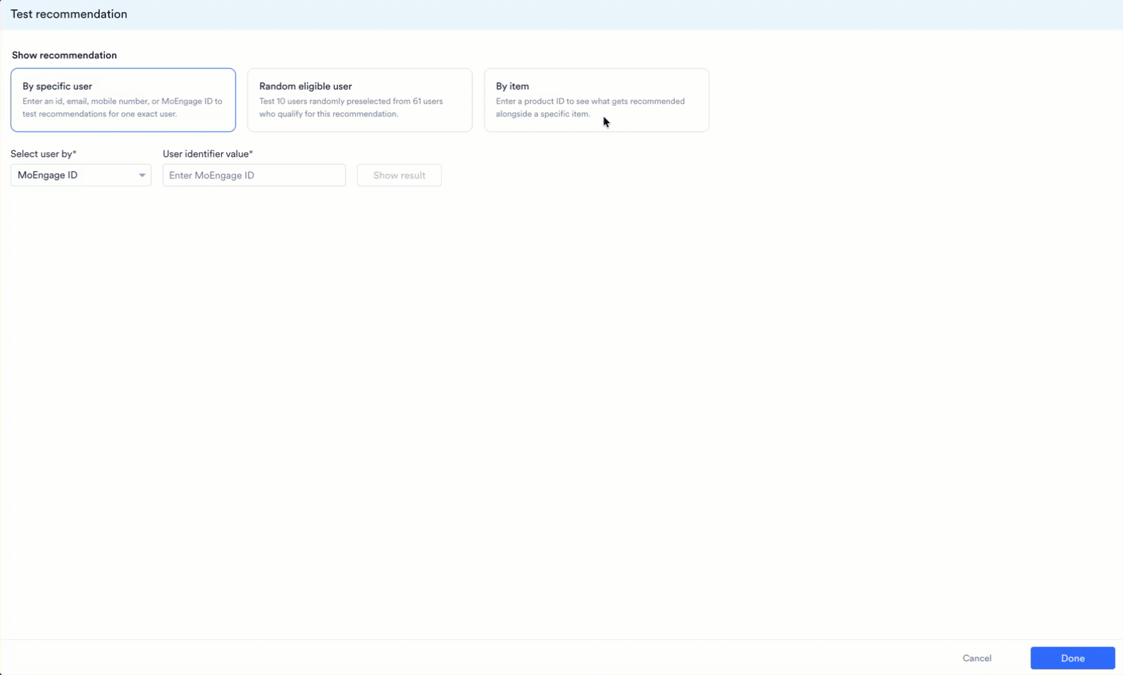 Testing a recommendation against a specific product by entering a product ID and viewing the results