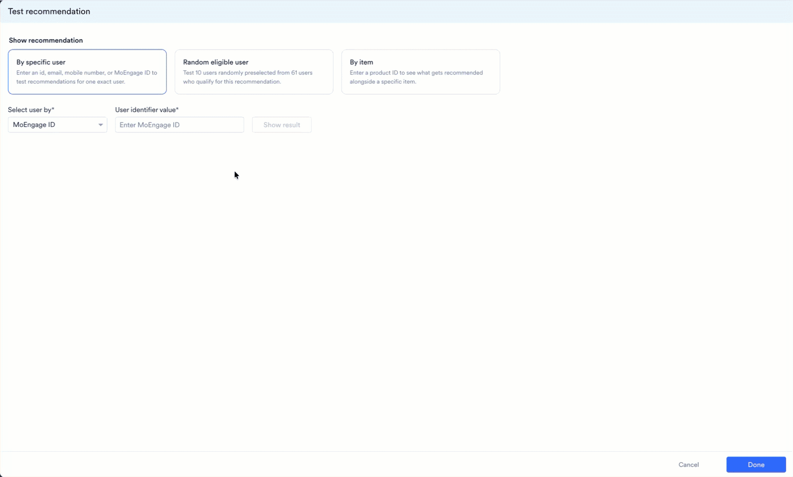 Testing a recommendation with a random eligible user and switching to another sampled user