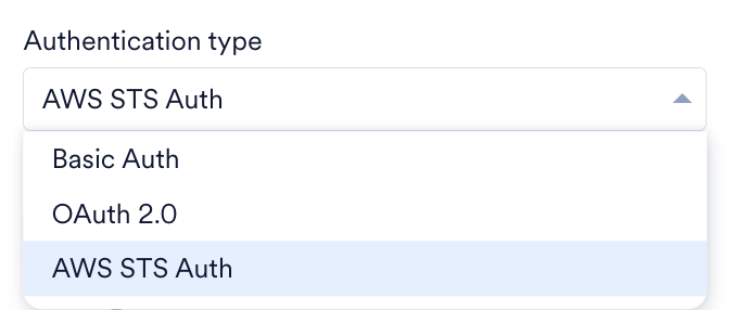 Authentication type list expanded in the Create new key dialog, showing the Basic Auth, OAuth 2.0, and AWS STS Auth options