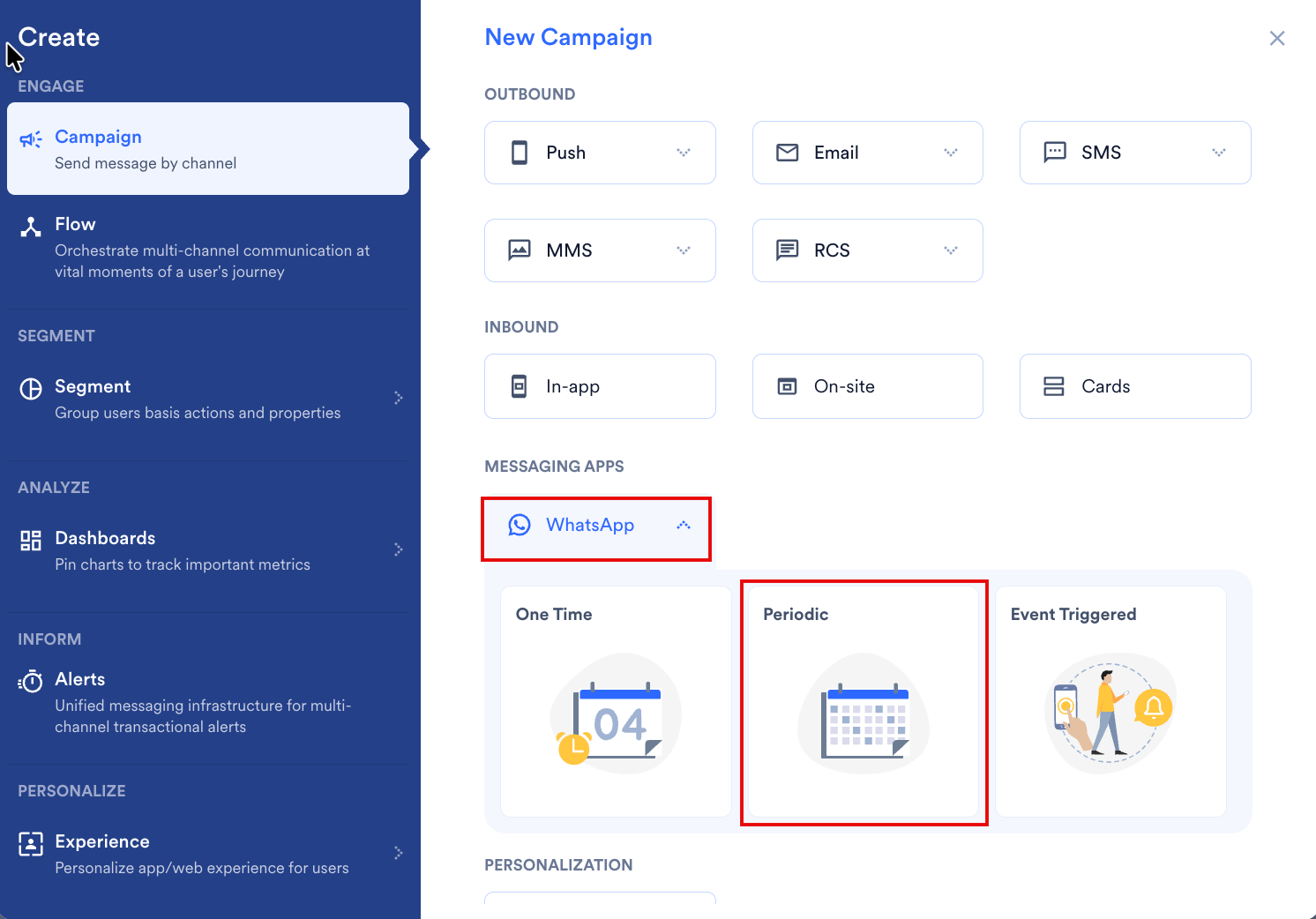 The New Campaign dialog box with WhatsApp selected under Messaging Apps and the Periodic delivery type