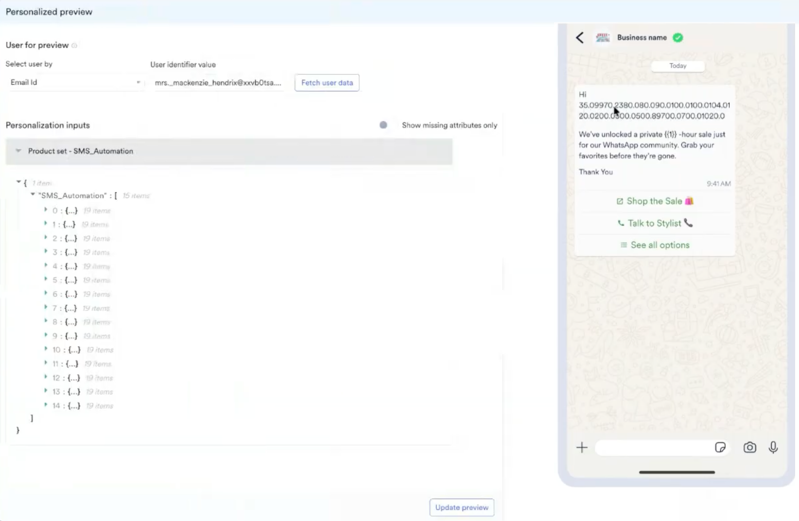 The Personalized preview slide-out showing the product set JSON and the rendered message