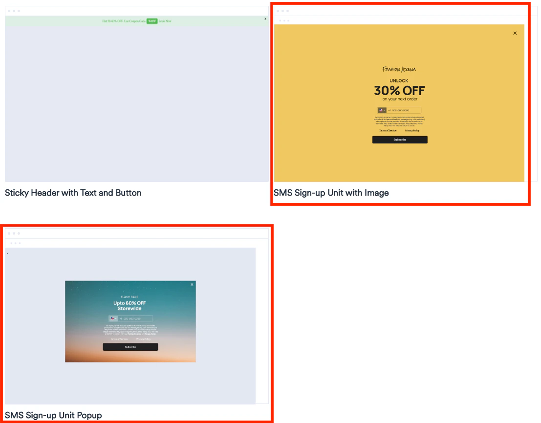 Screenshot showing SMS Sign-Up template selection.