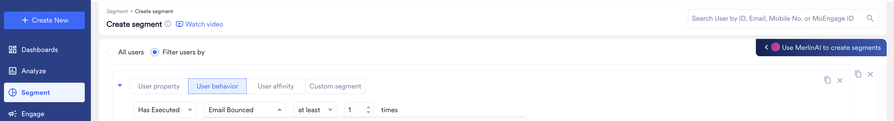 Create segment page with the Email Bounced event selected