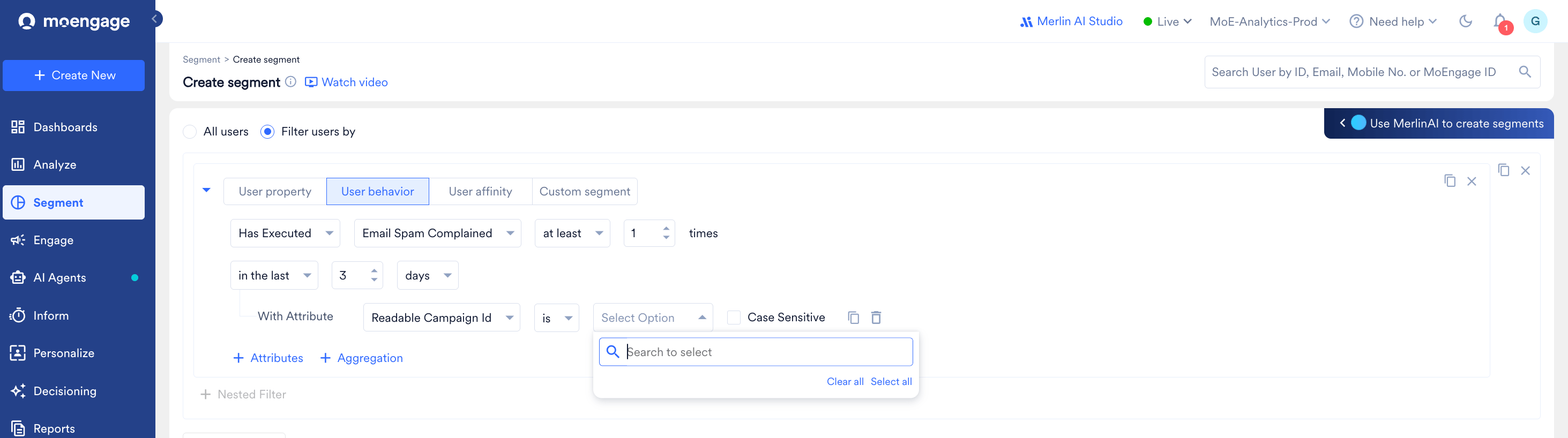 Create segment page with User behavior tab selected and the Email Spam Complained event chosen