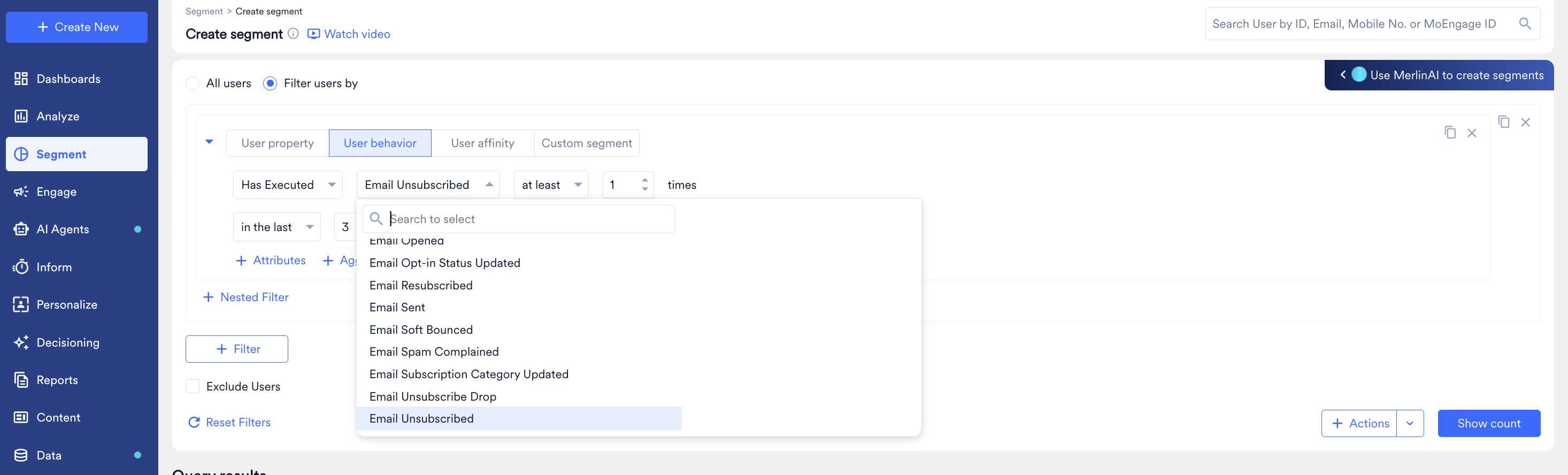 Event dropdown open, showing Email Unsubscribed and other available email events
