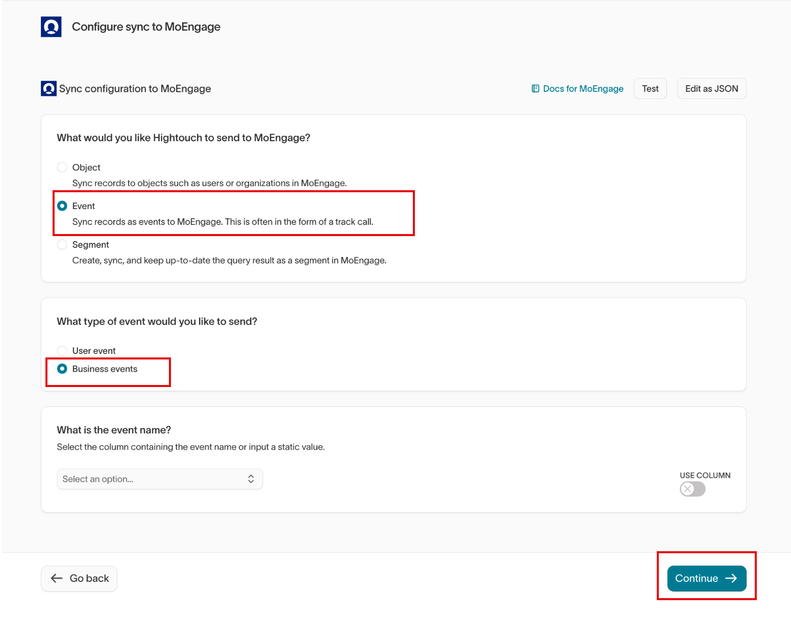 The Hightouch sync configuration with the Event option and the Business events option highlighted, the event name field below, and Continue highlighted