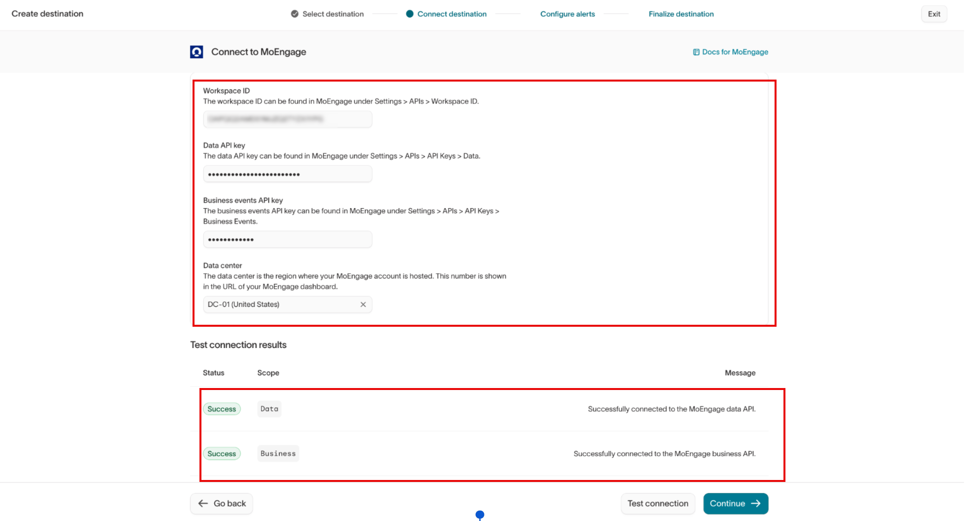 The Connect to MoEngage form in Hightouch, with the four fields highlighted and both test connection results showing Success