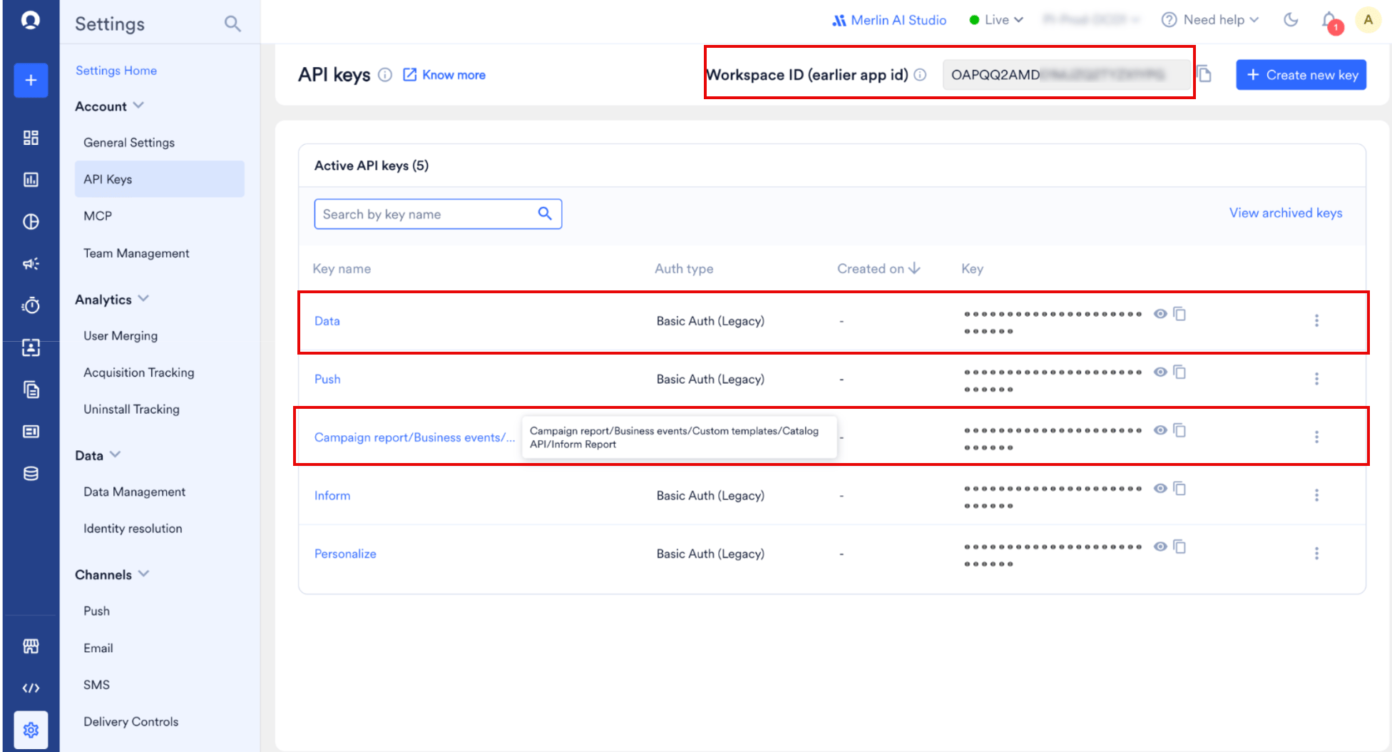 The API Keys page in MoEngage, with the Workspace ID, the Data key and the Campaign report/Business events key highlighted