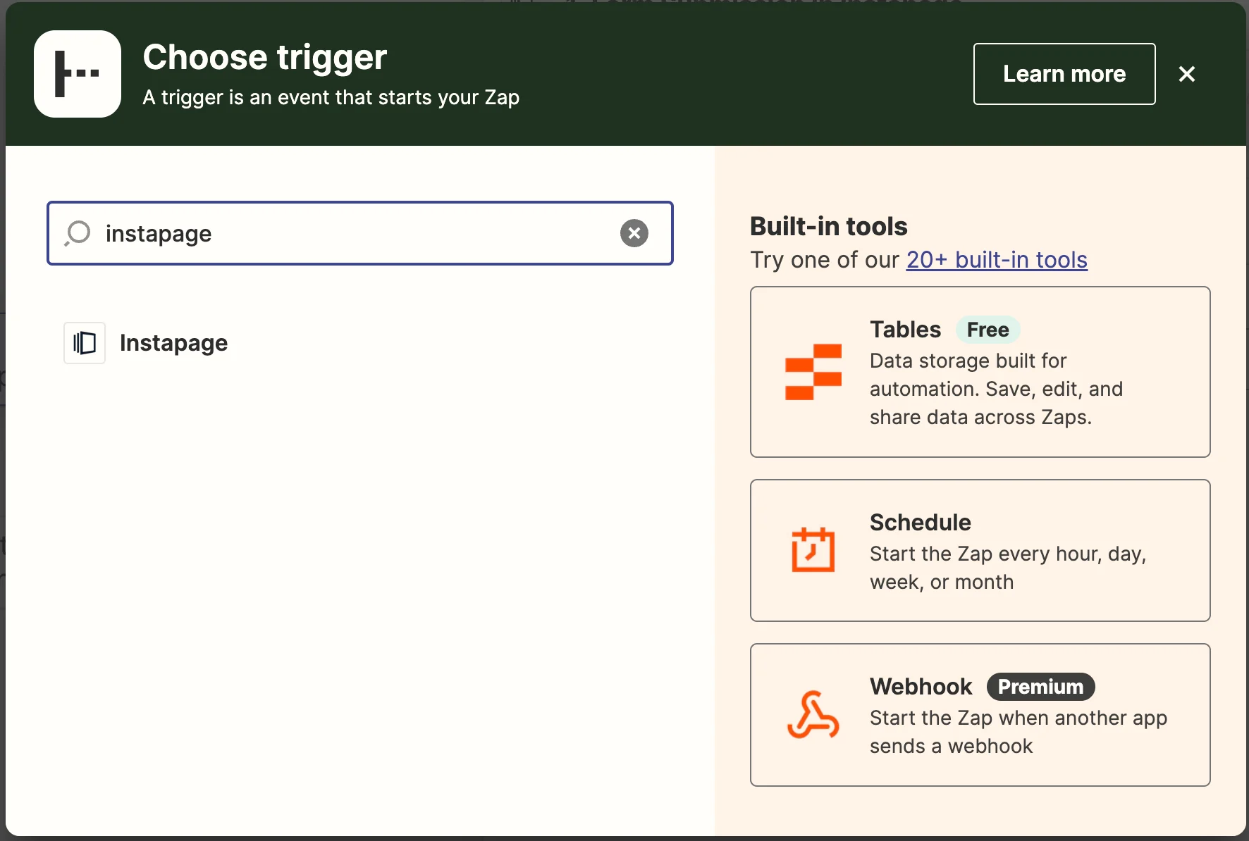 Zapier trigger configuration screen with Instapage selected as the trigger app