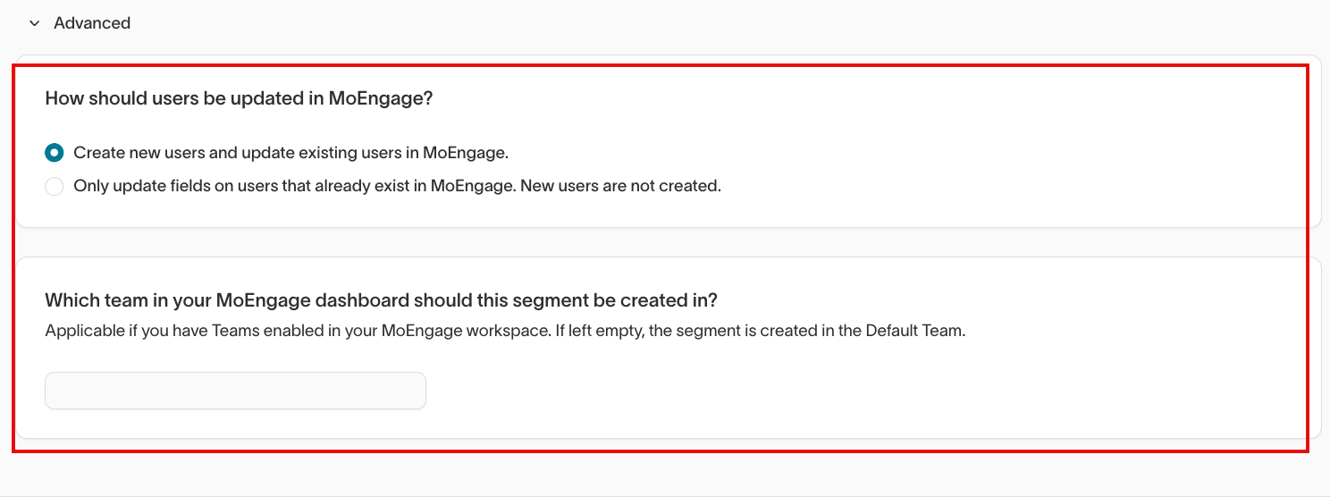 Hightouch Advanced section showing the user update options and the MoEngage team field