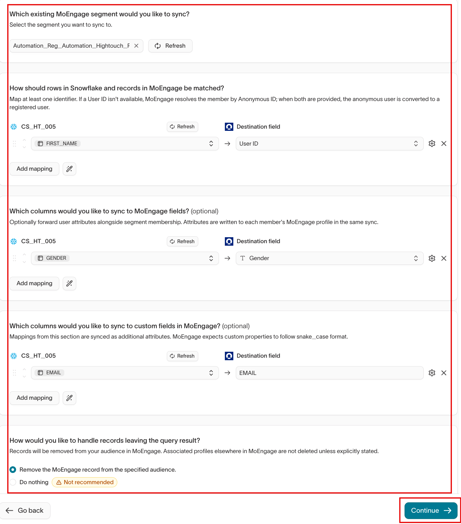Hightouch record matching, attribute mapping, and record removal options for a segment sync