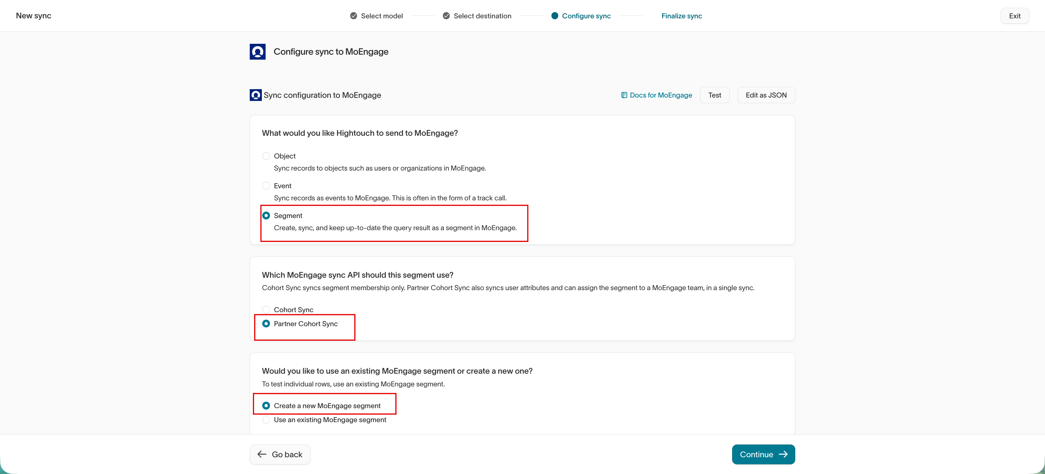 Hightouch sync configuration with Segment, Partner Cohort Sync, and the segment choice selected