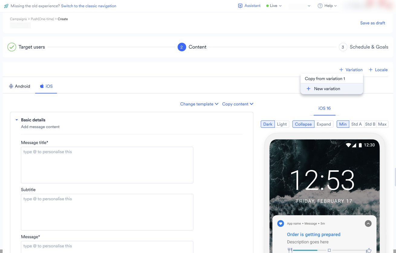 The campaign Content step with the message editor, plus + Variation and + Locale controls.