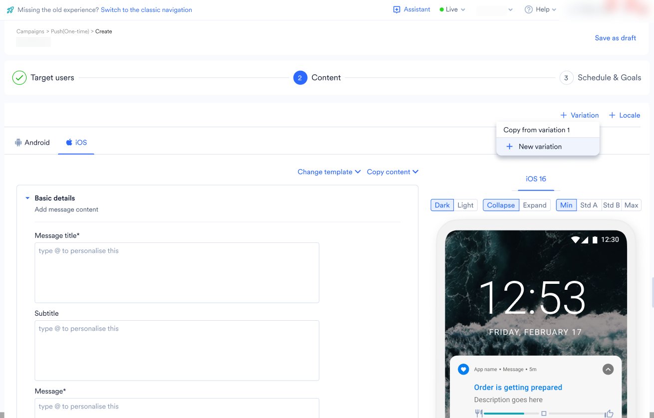 The campaign Content step with the message editor, plus + Variation and + Locale controls.