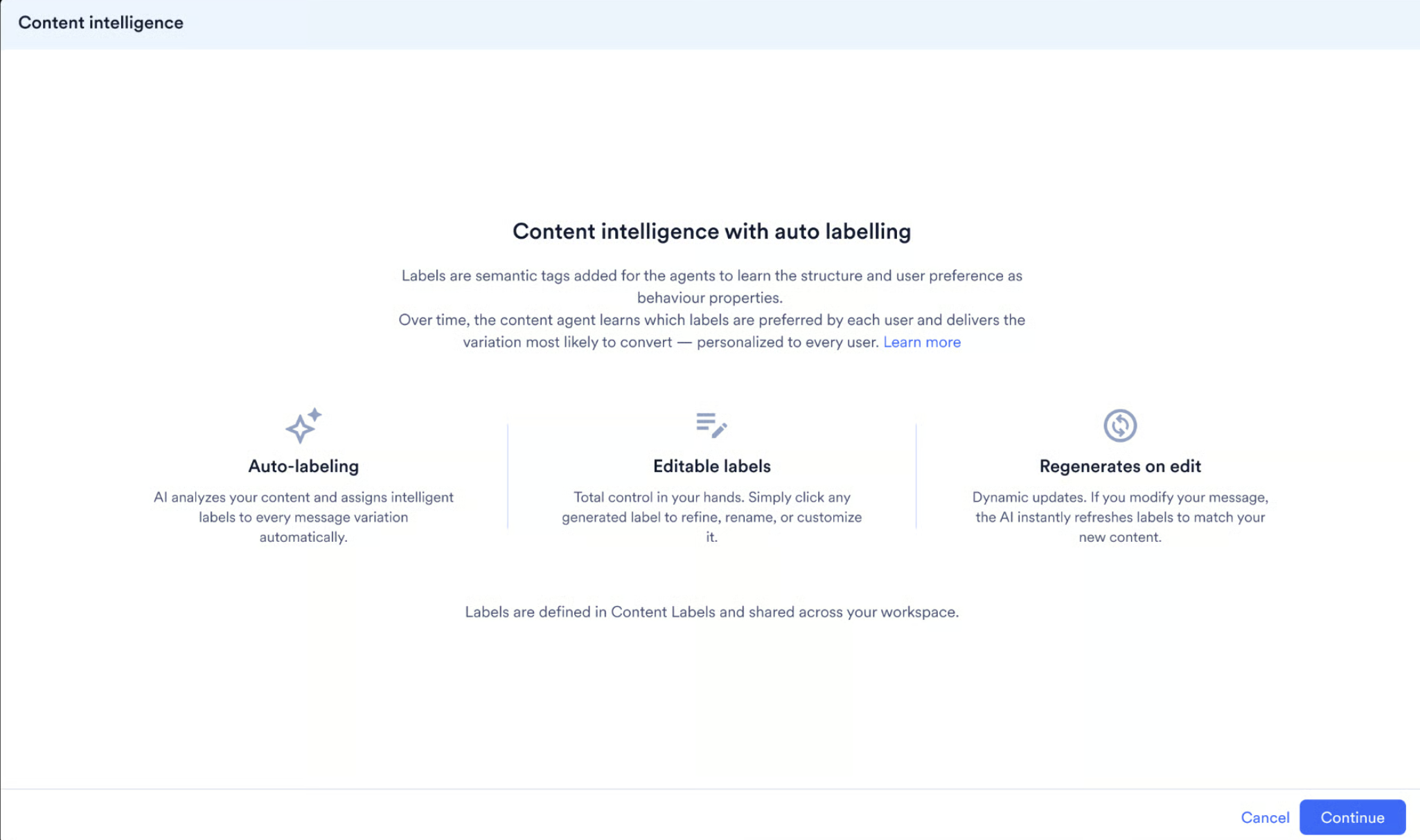The Content Intelligence with auto labelling screen describing auto-labeling, editable labels, and regenerates on edit.