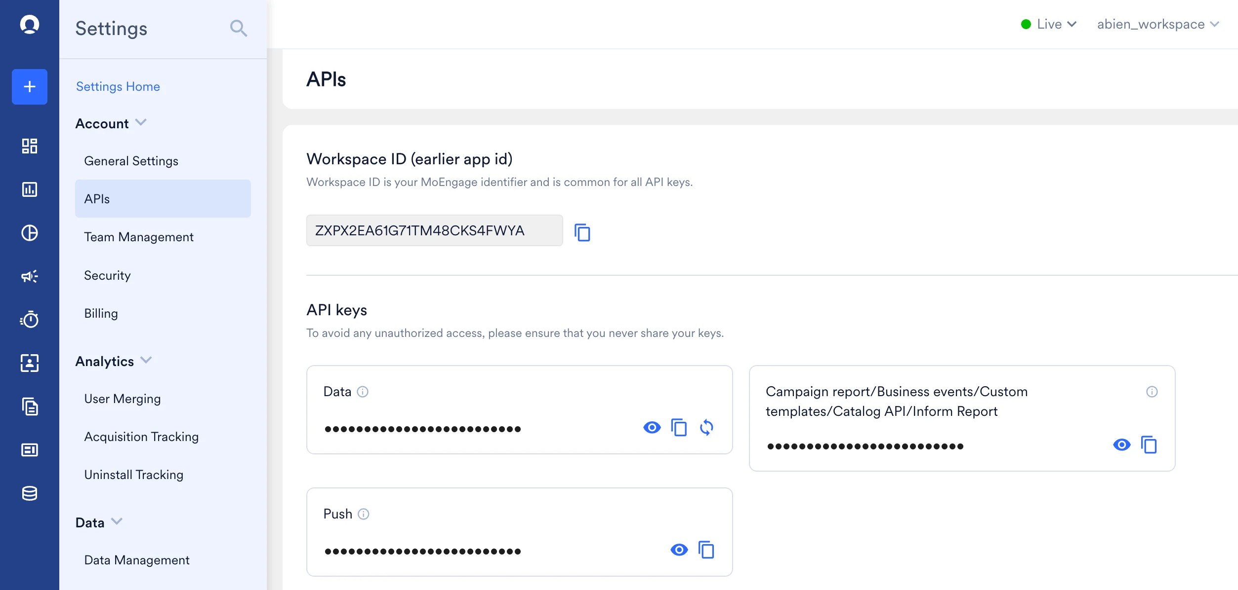 MoEngage Settings APIs page showing the Workspace ID and Data API Key fields