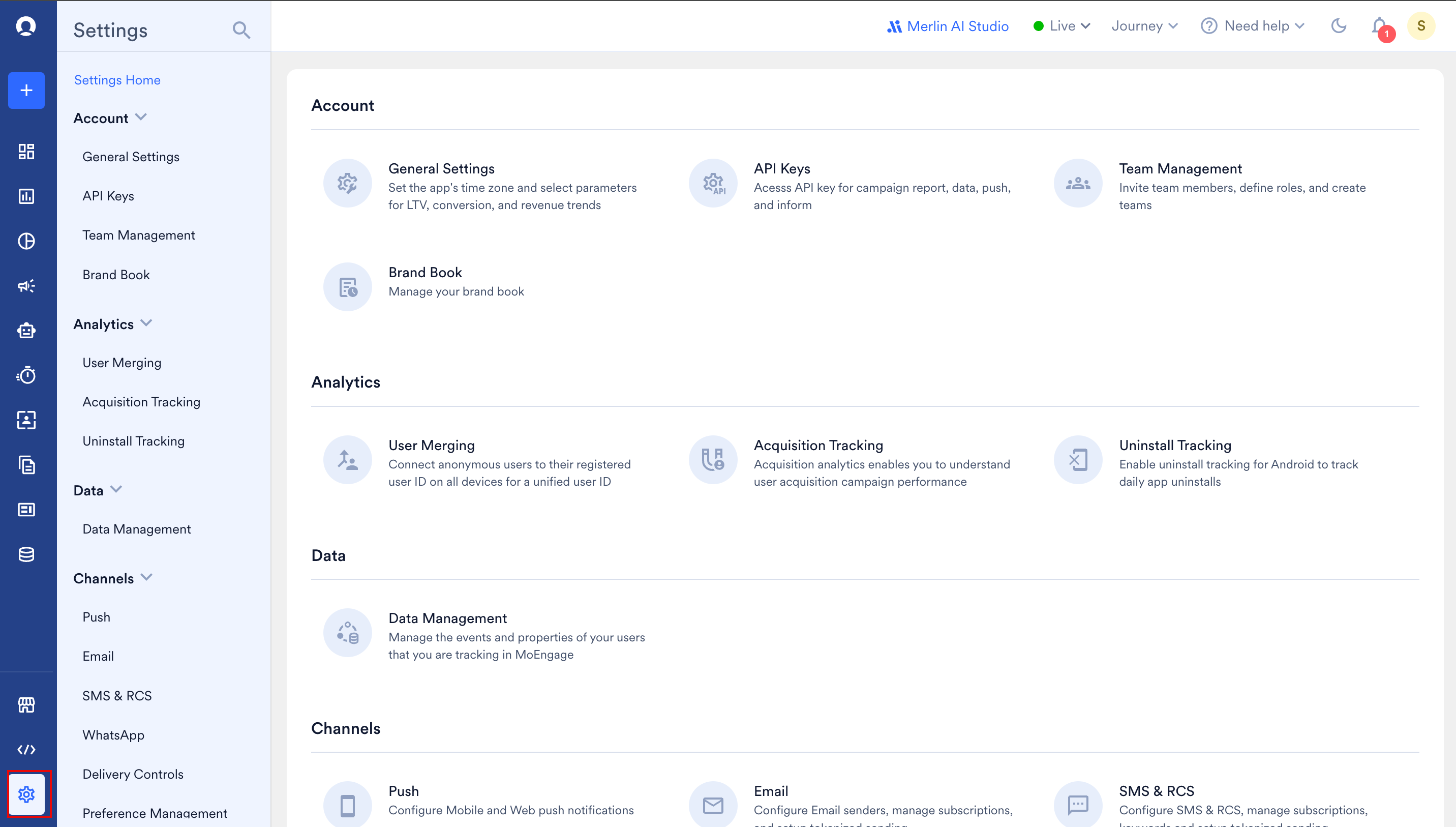 Settings menu in left navigation sidebar