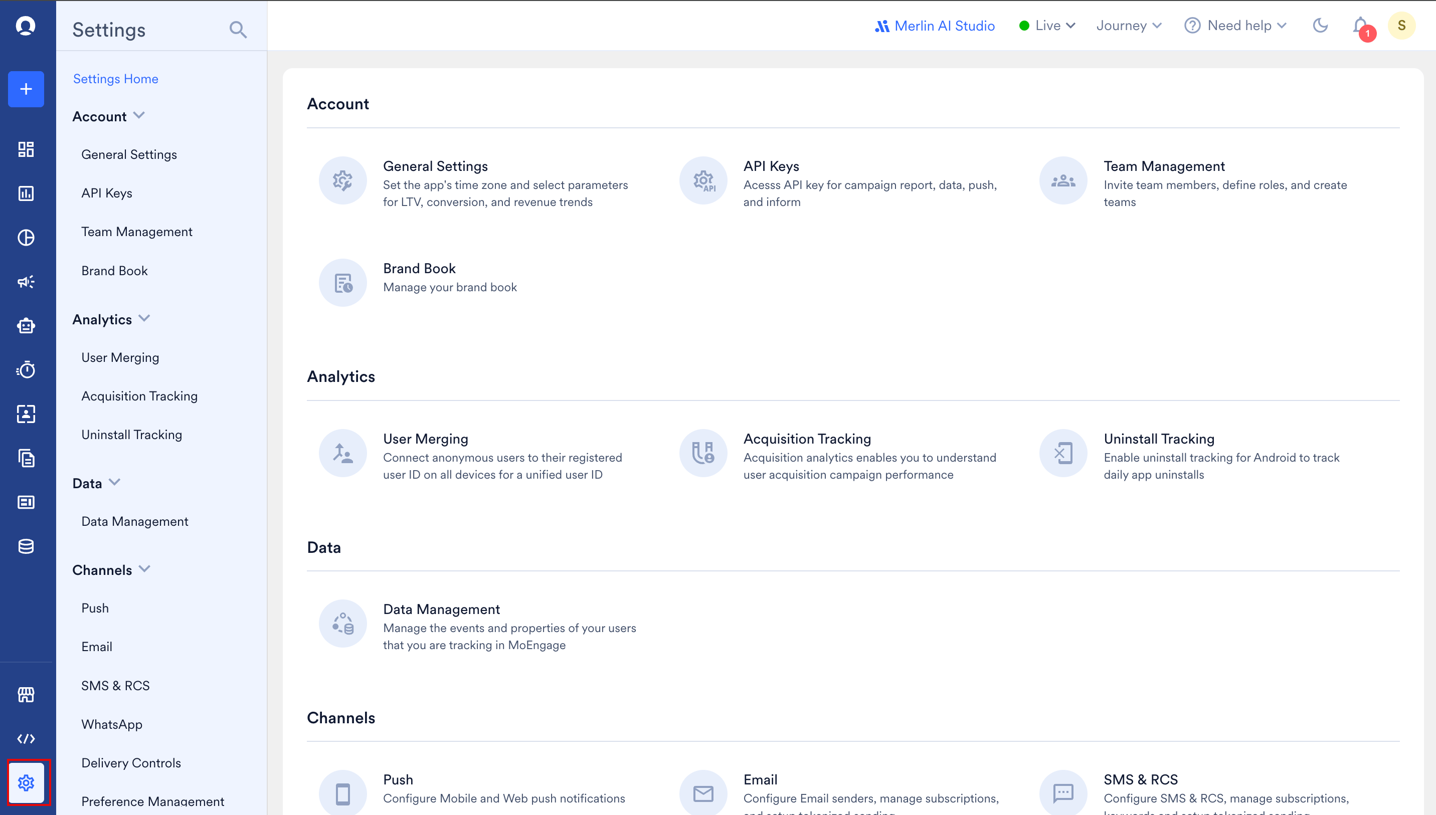 Settings menu in left navigation sidebar