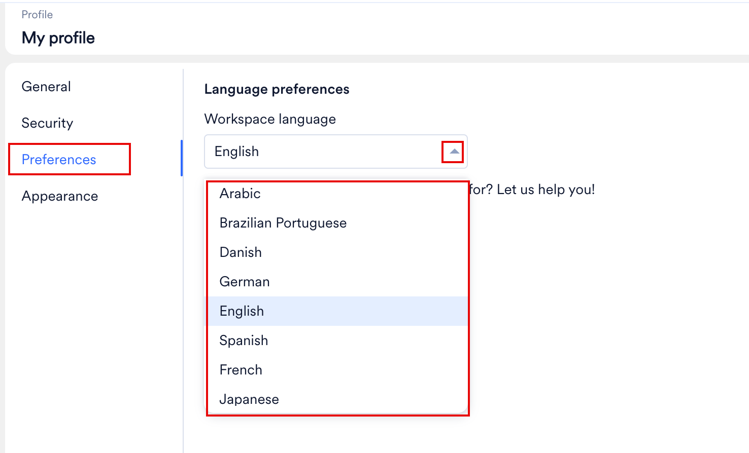 Workspace language selection
