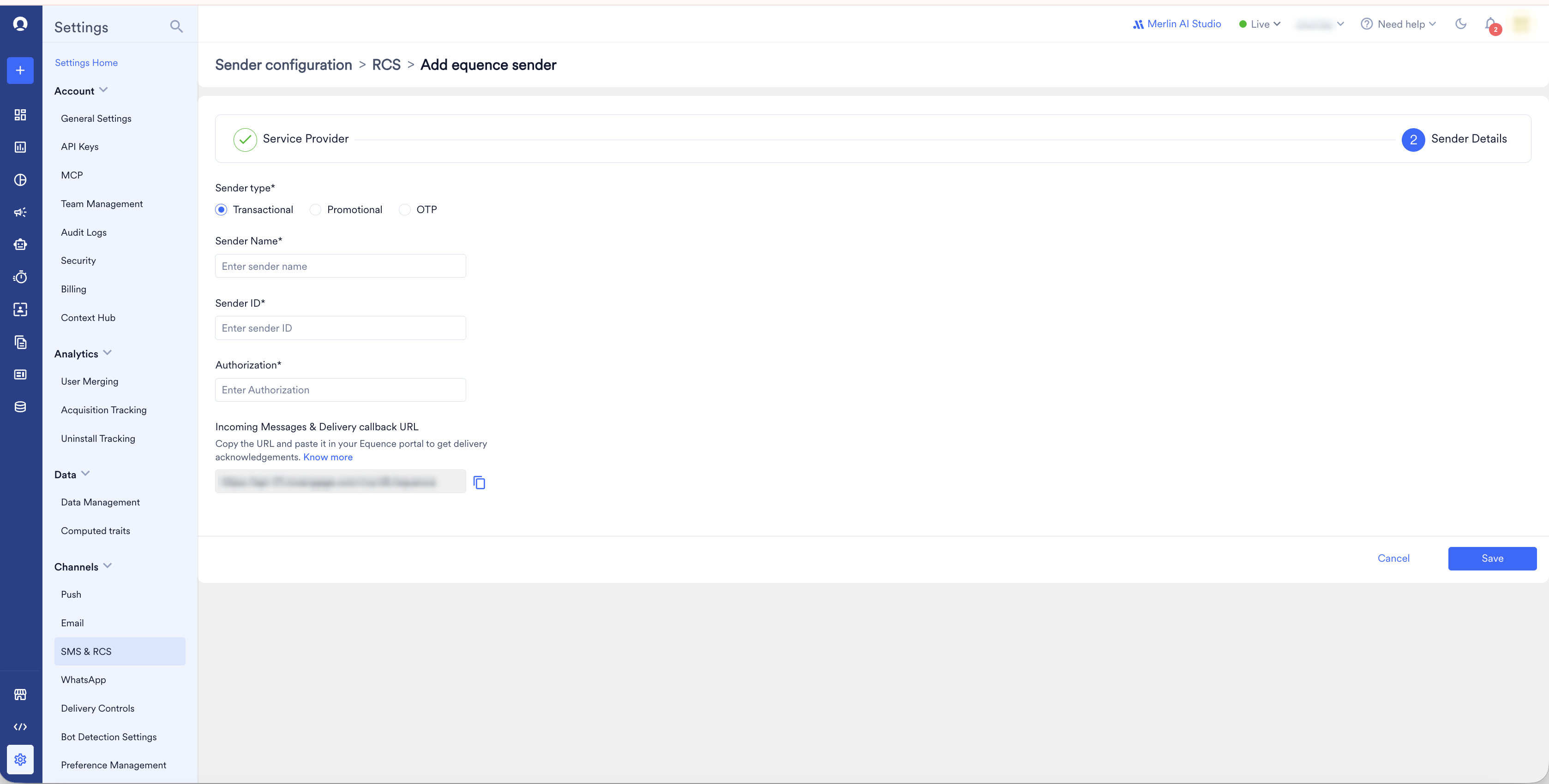 Equence RCS Sender Details page