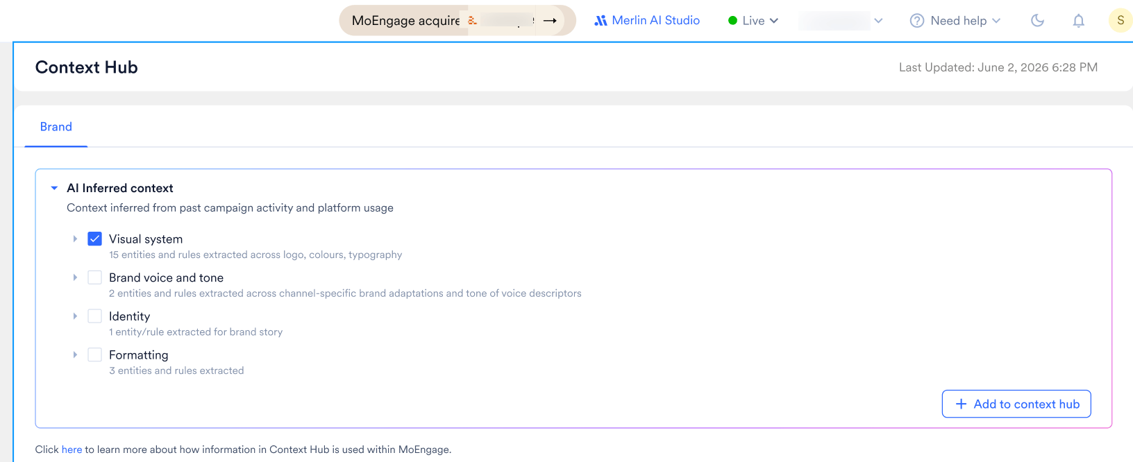 AI Inferred context panel with extracted categories and the + Add to context hub button